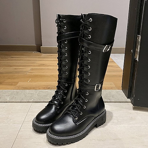 

Women's Boots Flat Heel Round Toe PU Mid-Calf Boots Fall & Winter Black / Beige