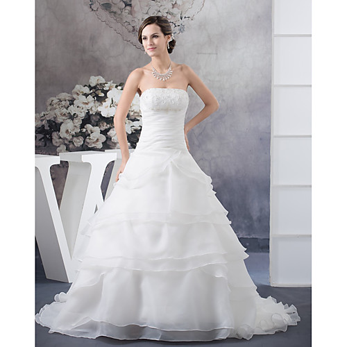 

A-Line Strapless Chapel Train Organza / Satin Strapless Made-To-Measure Wedding Dresses with Beading / Cascading Ruffles / Ruched 2020