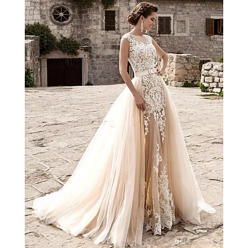 

Mermaid / Trumpet Jewel Neck Court Train Lace / Tulle Cap Sleeve Modern / Detachable Wedding Dresses with Appliques 2020