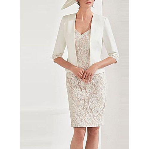 

Sheath / Column Plunging Neck Knee Length Polyester / Lace 3/4 Length Sleeve Wrap Included Mother of the Bride Dress with Lace 2020