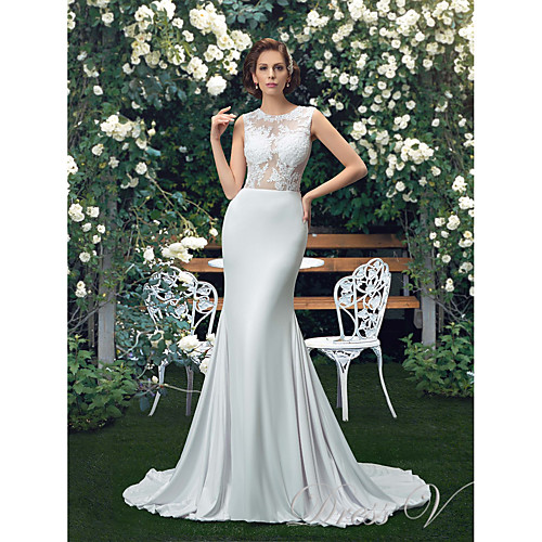 

Mermaid / Trumpet Jewel Neck Court Train Polyester Regular Straps Sexy Made-To-Measure Wedding Dresses with Appliques 2020