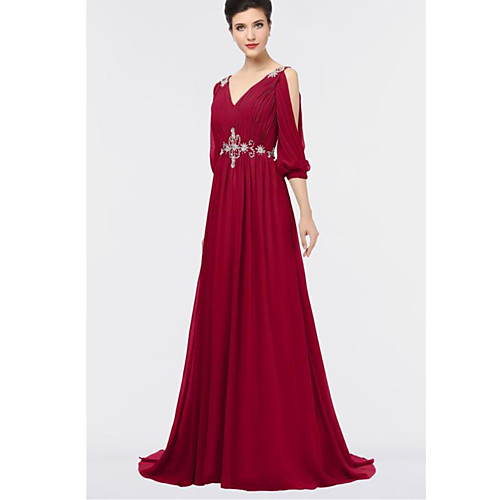 

A-Line Plunging Neck Sweep / Brush Train Chiffon Elegant Formal Evening Dress with Crystals / Pleats 2020