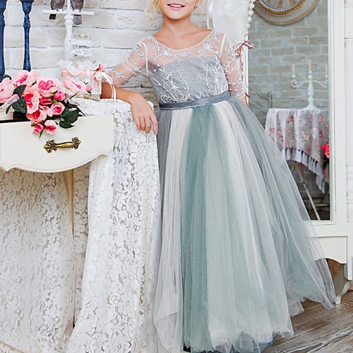 

A-Line Floor Length Flower Girl Dress - Tulle Half Sleeve Jewel Neck with Lace