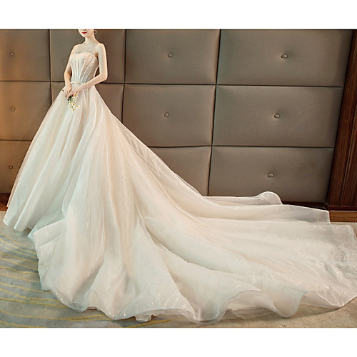 

A-Line Strapless Chapel Train Polyester Strapless Made-To-Measure Wedding Dresses with Beading 2020