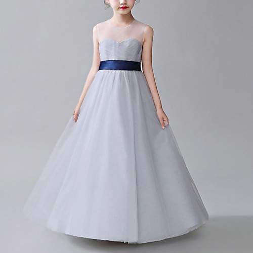 

A-Line Jewel Neck Floor Length Poly&Cotton Blend Junior Bridesmaid Dress with Bow(s)