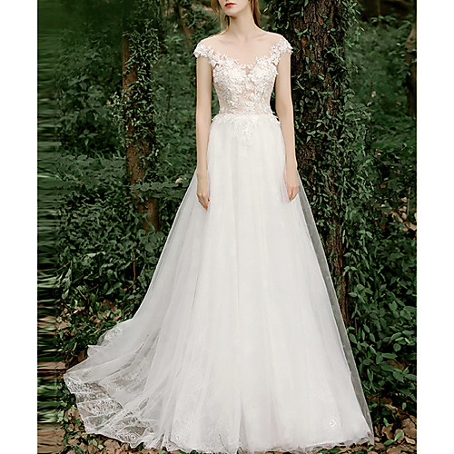 

A-Line Jewel Neck Sweep / Brush Train Tulle Regular Straps Made-To-Measure Wedding Dresses with Appliques 2020