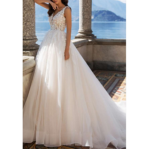 

A-Line V Neck Sweep / Brush Train Tulle / Charmeuse Regular Straps Illusion Sleeve Wedding Dresses with Draping / Appliques 2020