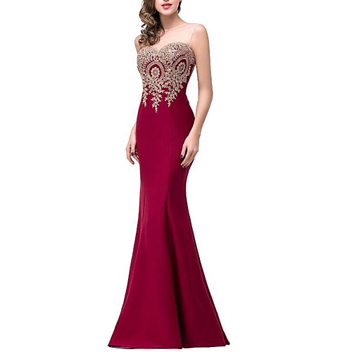 

Mermaid / Trumpet Jewel Neck / Illusion Neck Floor Length Polyester / Lace Formal Evening Dress with Appliques / Pleats by LAN TING Express