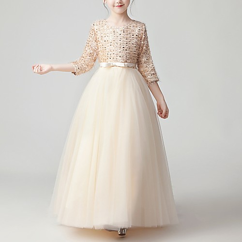 

A-Line Floor Length Flower Girl Dress - Tulle 3/4 Length Sleeve Jewel Neck with Bow(s) / Feathers / Fur / Paillette