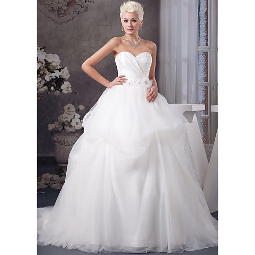 

A-Line Sweetheart Neckline Court Train Organza / Satin Strapless Made-To-Measure Wedding Dresses with Beading / Pick Up Skirt / Ruched 2020