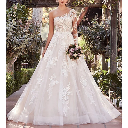 

A-Line One Shoulder Court Train Lace / Tulle Long Sleeve Made-To-Measure Wedding Dresses with Embroidery 2020