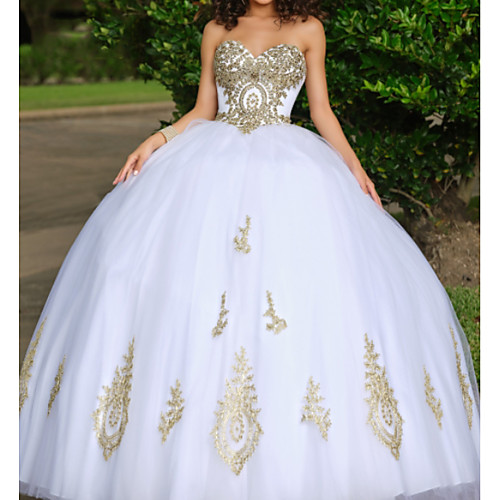 

Ball Gown Sweetheart Neckline Floor Length Lace / Tulle Luxurious / White Quinceanera / Formal Evening Dress with Beading / Appliques 2020