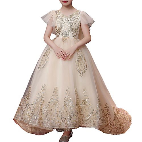 

A-Line Sweep / Brush Train Flower Girl Dress - Tulle Short Sleeve V Neck with Bow(s) / Paillette