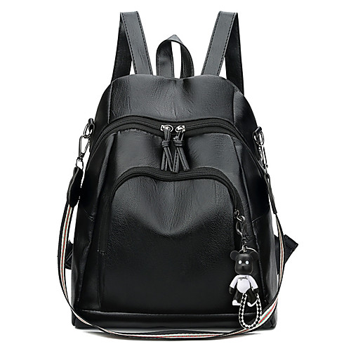 

Large Capacity Faux Leather PU Zipper Commuter Backpack Solid Color School Black