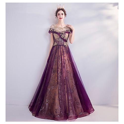 

A-Line Illusion Neck Floor Length Tulle Luxurious / Purple Engagement / Formal Evening Dress with Beading / Sequin / Appliques 2020