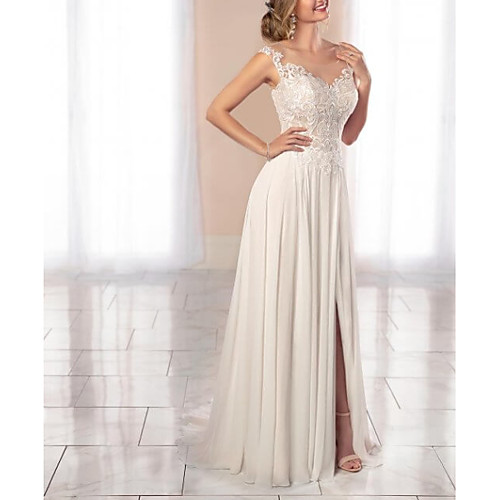 

A-Line Scoop Neck Court Train Chiffon / Lace Regular Straps Romantic Illusion Detail / Backless Wedding Dresses with Split Front 2020