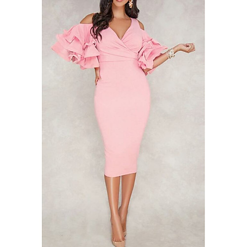 

Sheath / Column V Neck Tea Length Polyester Sexy / Pink Cocktail Party / Formal Evening Dress with Ruffles 2020