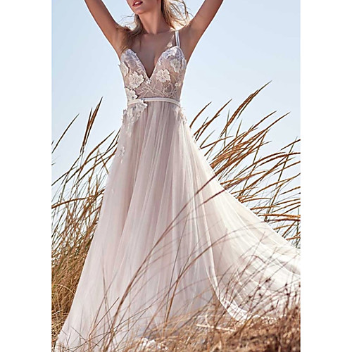 

A-Line V Neck Floor Length Tulle Spaghetti Strap Made-To-Measure Wedding Dresses with Appliques 2020