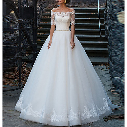 

A-Line Off Shoulder Floor Length Polyester Short Sleeve Made-To-Measure Wedding Dresses with Bow(s) / Sashes / Ribbons / Lace Insert 2020