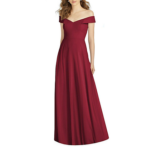 

A-Line Off Shoulder Maxi Polyester Bridesmaid Dress with Tier