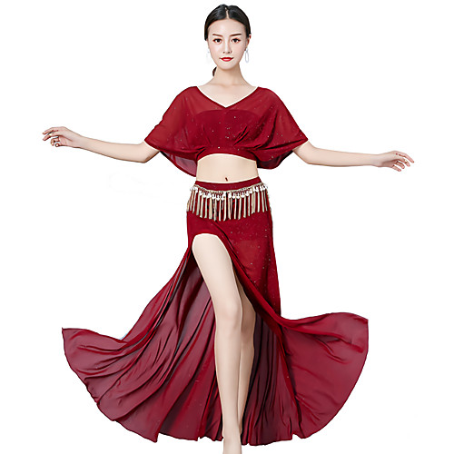 

Belly Dance Outfits Women's Performance / Theme Party Tulle Glitter / Split Short Sleeve Dropped Skirts / Top