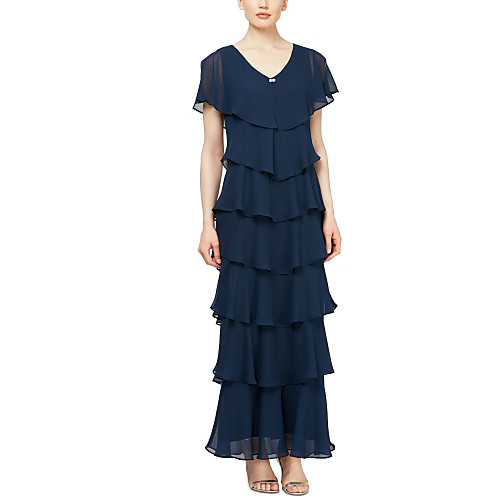 

Sheath / Column V Neck Ankle Length Chiffon Short Sleeve Plus Size Mother of the Bride Dress with Tier 2020 / Butterfly Sleeve
