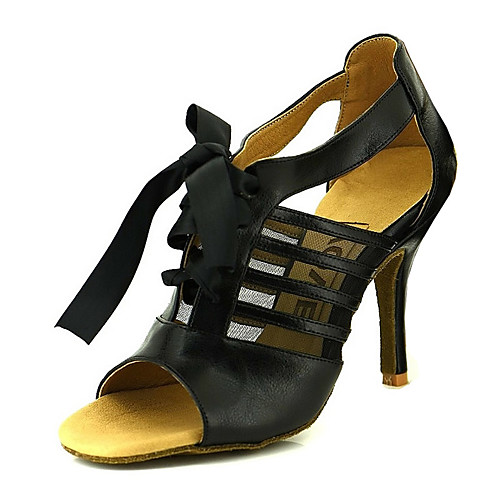 

Women's Dance Shoes Leather Latin Shoes Ribbon Tie Heel Slim High Heel Black