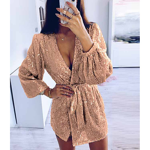 

Women's Mini Purple Blushing Pink Dress Elegant A Line Solid Colored Deep V S M