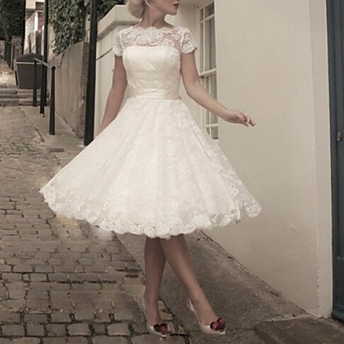 

A-Line Jewel Neck Tea Length Lace Short Sleeve Made-To-Measure Wedding Dresses with Bow(s) 2020