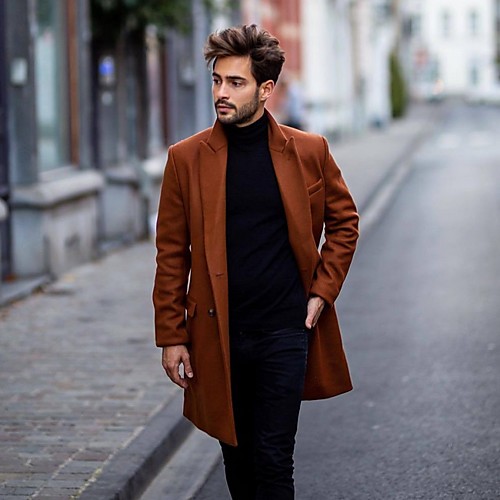 

Men's Daily Fall & Winter Long Coat, Solid Colored Notch Lapel Long Sleeve Polyester Brown