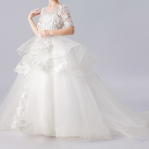 

Ball Gown Sweep / Brush Train Pageant Flower Girl Dresses - Polyester Half Sleeve Jewel Neck with Appliques / Tiered