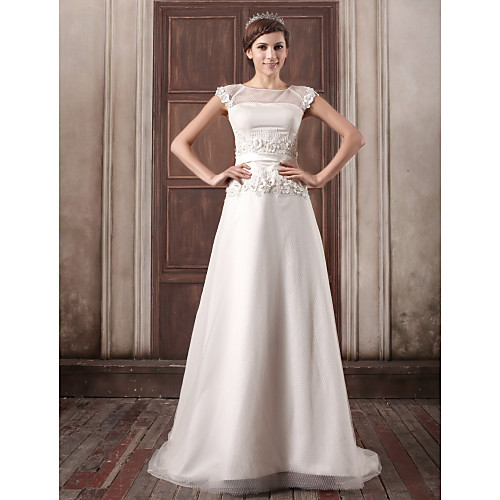 

A-Line Jewel Neck Court Train Satin / Tulle Cap Sleeve Made-To-Measure Wedding Dresses with Beading / Appliques / Sashes / Ribbons 2020