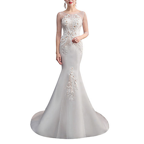 

Mermaid / Trumpet Jewel Neck Sweep / Brush Train Lace / Tulle Half Sleeve Made-To-Measure Wedding Dresses with Appliques / Crystals 2020