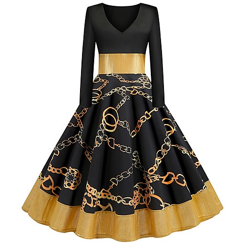 

Women's A Line Dress - Color Block Black S M L XL