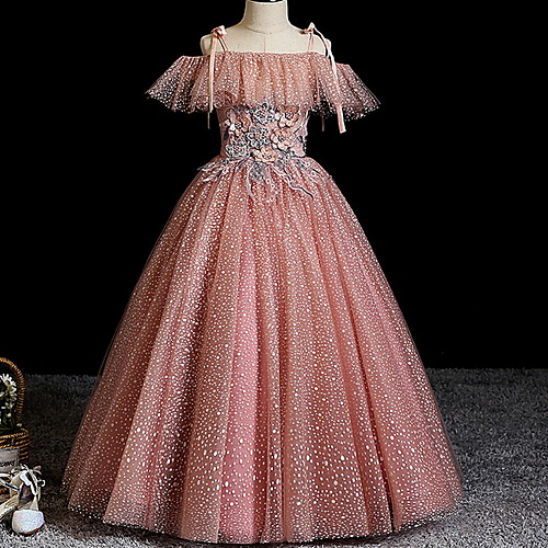 

Princess Maxi Flower Girl Dress - Polyester Sleeveless Off Shoulder with Embroidery