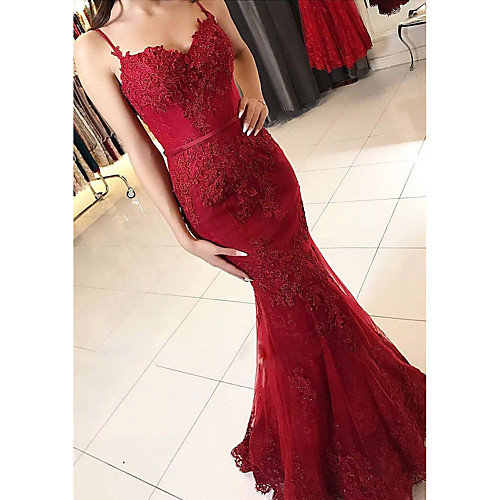 

Mermaid / Trumpet Spaghetti Strap Floor Length Lace / Tulle Elegant Prom / Formal Evening Dress 2020 with Beading / Appliques by Lightinthebox