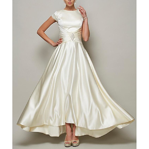 

A-Line Jewel Neck Ankle Length Stretch Satin Short Sleeve Elegant & Luxurious Mother of the Bride Dress with Sash / Ribbon / Crystal Brooch / Ruching 2020