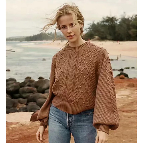 

Women's Solid Colored Long Sleeve Pullover Sweater Jumper, Round Khaki M / L