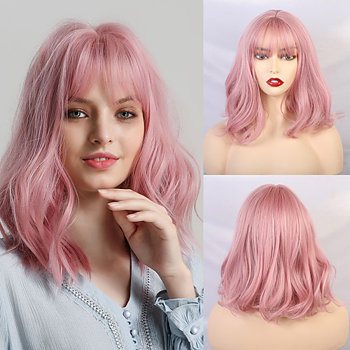 

Synthetic Wig Bangs Wavy Spiral Curl Side Part Neat Bang With Bangs Wig Medium Length Brown Pink Purple Yellow Synthetic Hair 14 inch Women's Cosplay Women Synthetic Pink Purple HAIR CUBE
