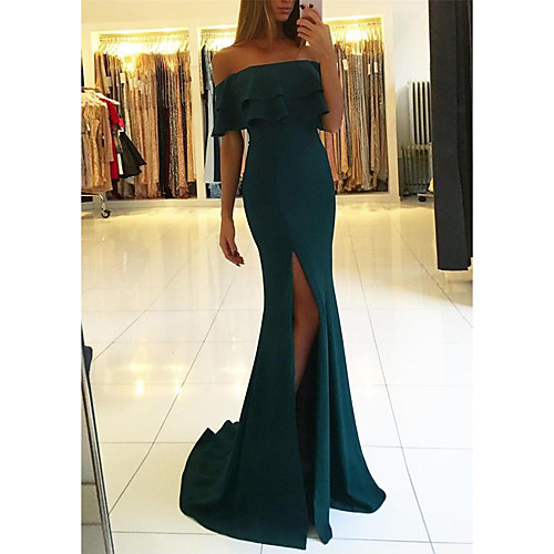 

Sheath / Column Off Shoulder Court Train Jersey Furcal Prom Dress 2020 with Split Front by Lightinthebox