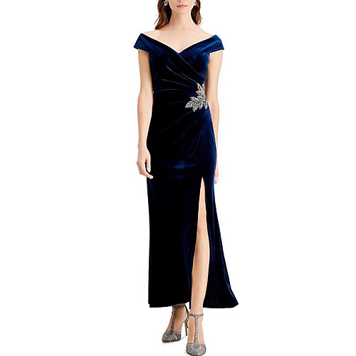 

Sheath / Column Off Shoulder Ankle Length Velvet Formal Evening Dress with Split Front / Crystal Brooch / Ruched by LAN TING Express