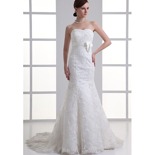 

Mermaid / Trumpet Sweetheart Neckline Chapel Train Lace / Satin Strapless Made-To-Measure Wedding Dresses with Bow(s) / Lace / Sashes / Ribbons 2020