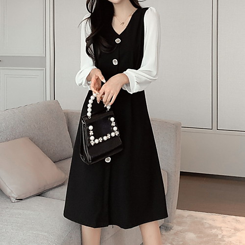 

Women's A Line Dress - Color Block Black S M L XL
