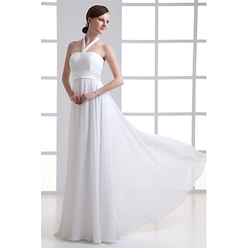 

A-Line Halter Neck Floor Length Chiffon / Satin Strapless Made-To-Measure Wedding Dresses with Beading / Draping 2020