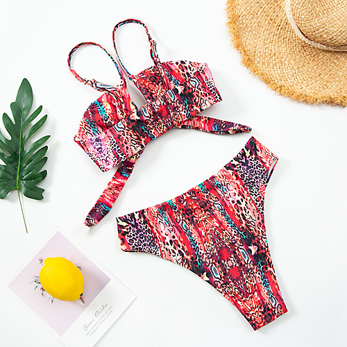 

Women's Basic Blushing Pink Red Bandeau Cheeky High Waist Bikini Swimwear - Floral Geometric Lace up Print S M L Blushing Pink