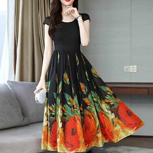 

Women's Swing Dress - Floral Orange Blue S M L XL