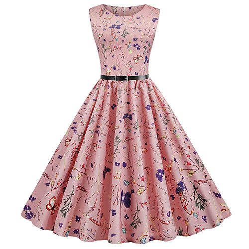 

Women's Daily Dress Vintage Basic Swing Dress - Floral Print Blushing Pink S M L XL