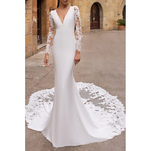 

Mermaid / Trumpet V Neck Court Train Lace / Stretch Satin Long Sleeve Made-To-Measure Wedding Dresses with Embroidery 2020