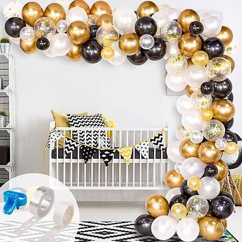 

арка воздушного шара&комплект гирлянды, черный, белый, золотой конфетти и металлические латексные воздушные шарики с инструментом для вязки 1шт.