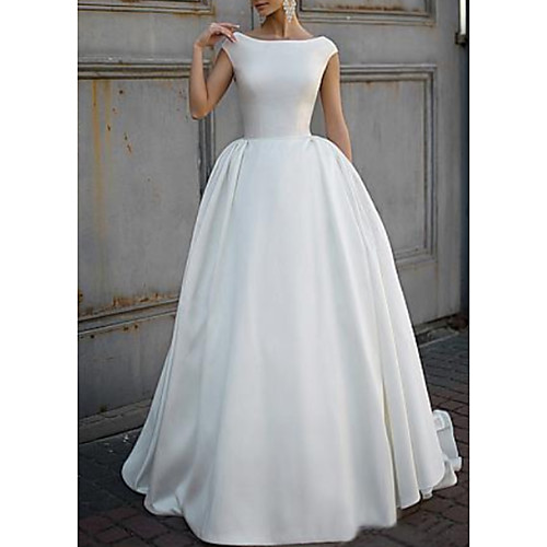 

A-Line Bateau Neck Sweep / Brush Train Satin Short Sleeve Made-To-Measure Wedding Dresses with 2020